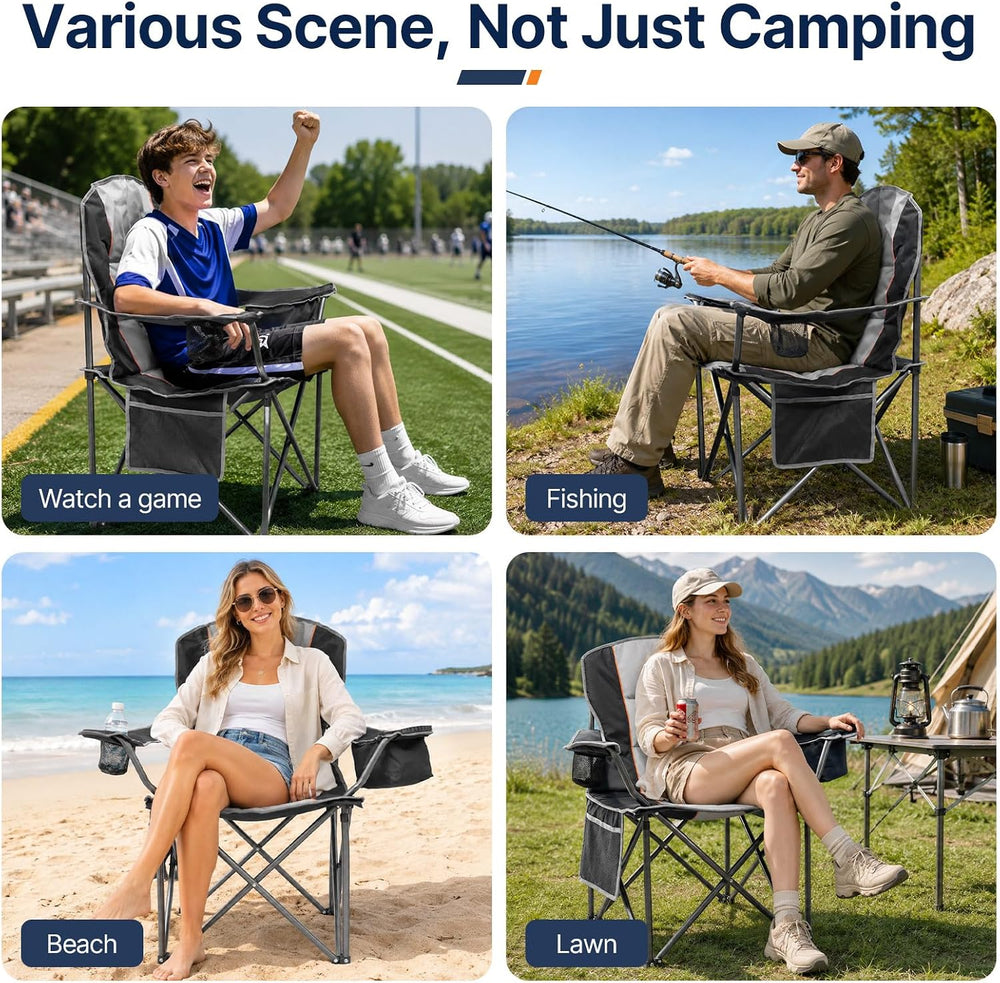 Suteck Folding Camping Chair, Oversized Heavy Duty Chairs, Black (2Pack)