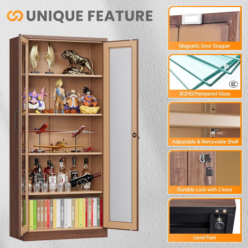 Locking Display Cabinet with Glass Door, 71”H Metal Curio Cabinets with Adjus...