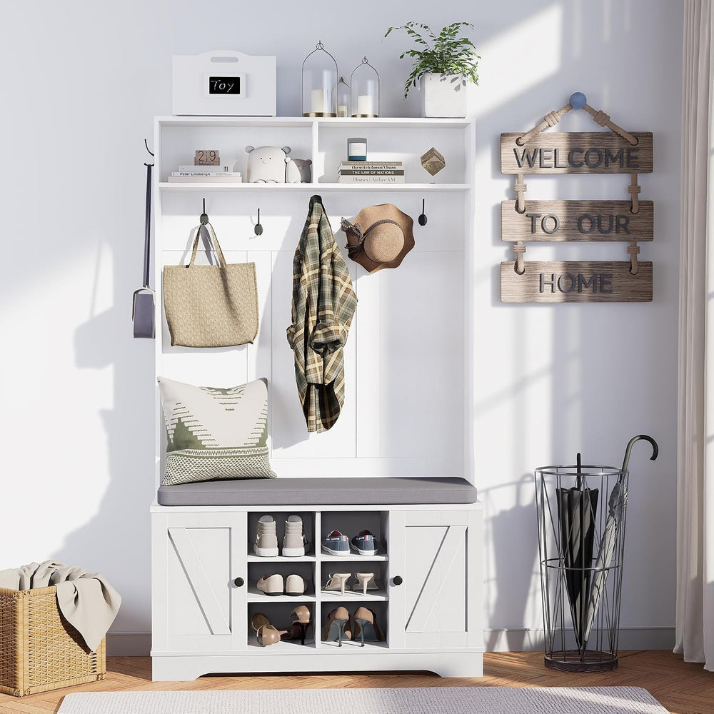 71“ Hall Tree with Bench and Shoe Storage, Coat Rack and 2 Doors