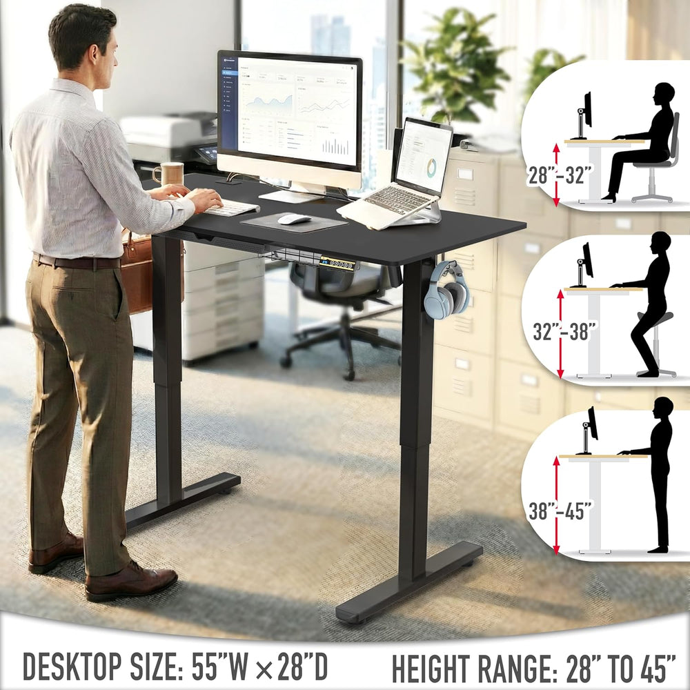 SHW 55 x 28 Electric Height Adjustable Standing Desk w/Drawer, Black