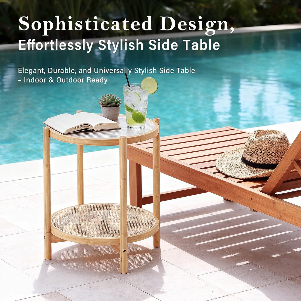 Tiita Rattan Side Table, Modern Round Bamboo End Table, Glass Top, Wood