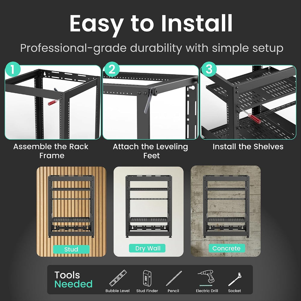 ynVISION.DESIGN 15U Open Frame AV Rack with 1U and 2U Shelves, Lacer Bar