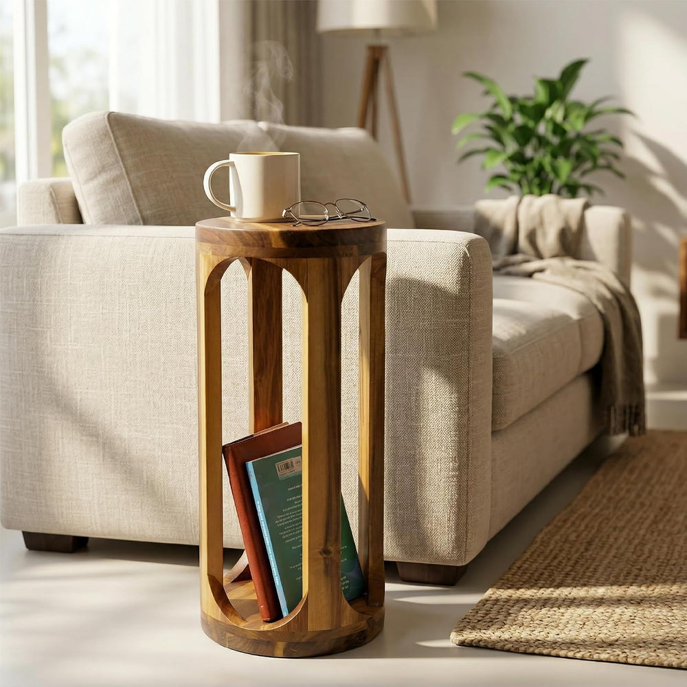 ENKEZI No Assembly Small Side Table, 24 Inch Tall Real Acacia Wood Slim End T...