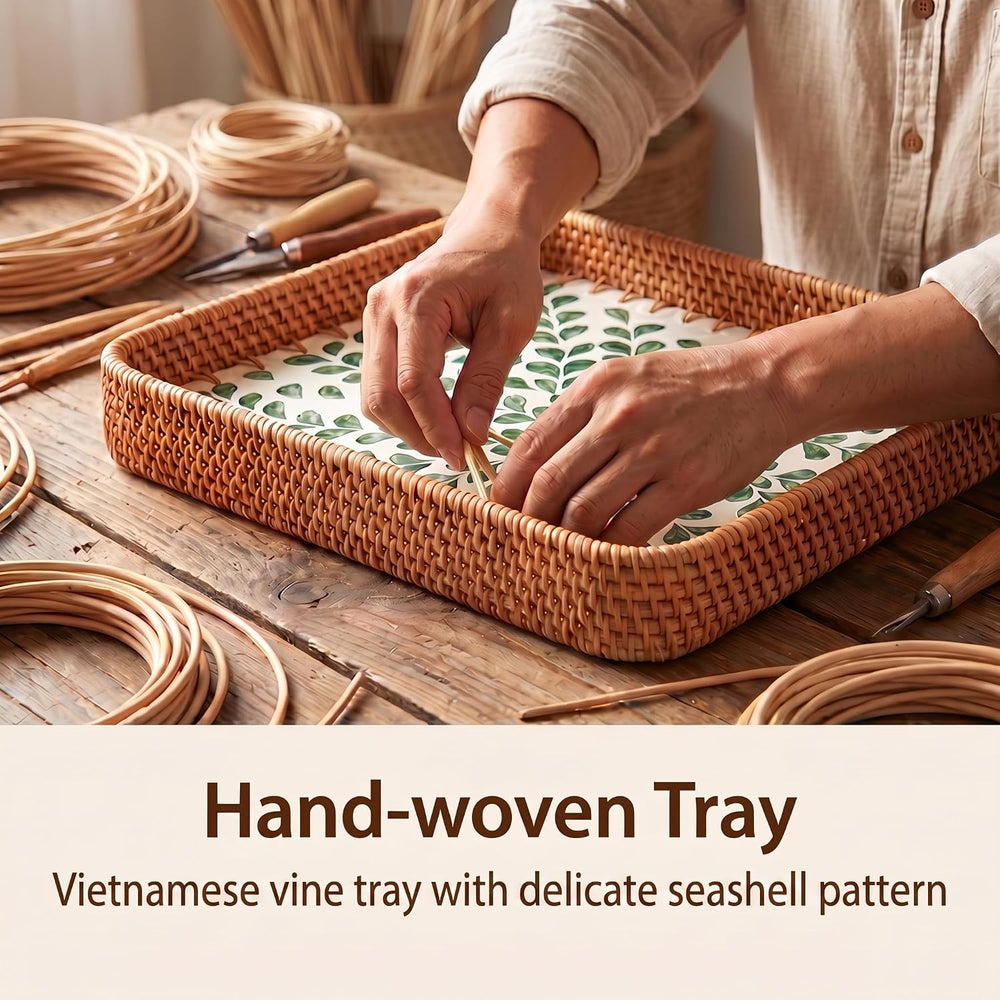 Handwoven Rattan Tray Set with Seashell Detail, Boho Serving Tray