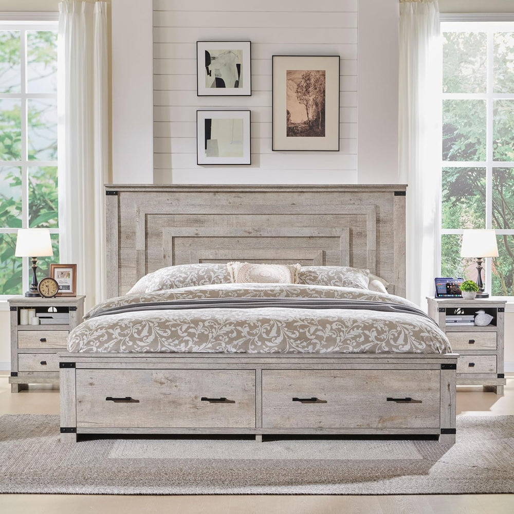T4TREAM 54" Tall Farmhouse Queen Size Bed Frame, Light Rustic Oak