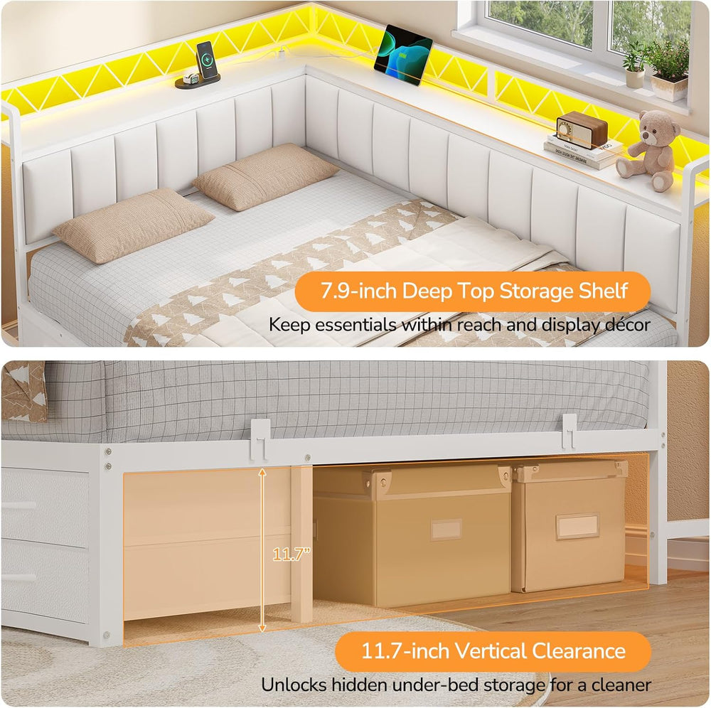 Corner Full Bed Frame with 6 Storage Drawers, Open Shelves,Charging Station