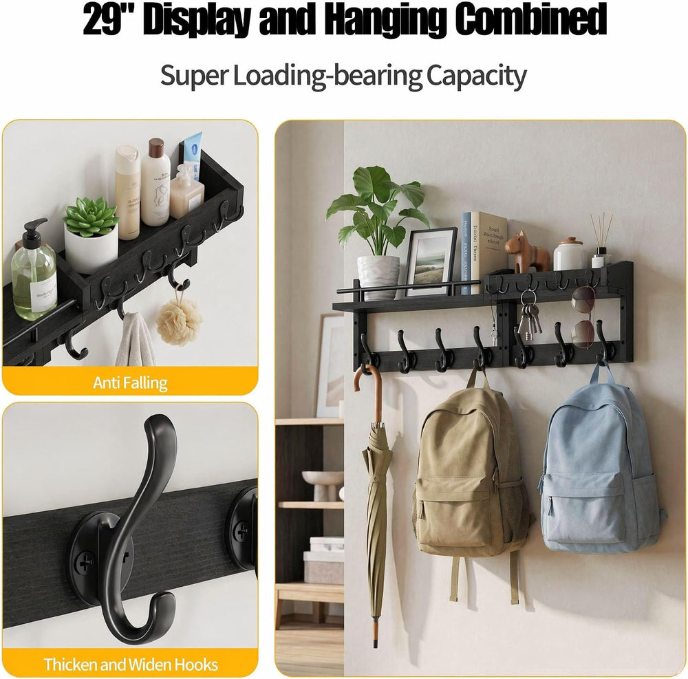 29” Coat Rack Wall Mount with Shelf, Coat and Key Hanger with Metal Hooks