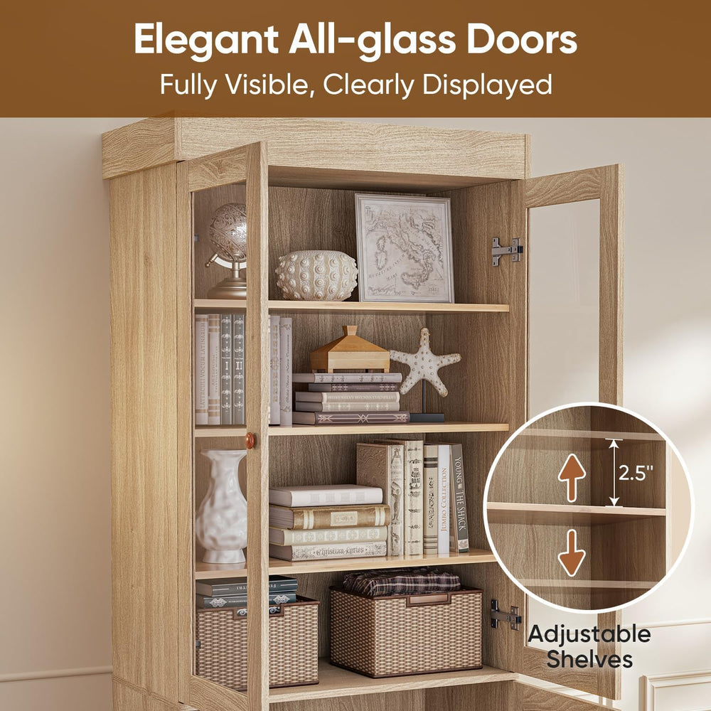 Vyre 71" Tall Farmhouse Bookshelves with Glass Doors, Brown Large Modula...