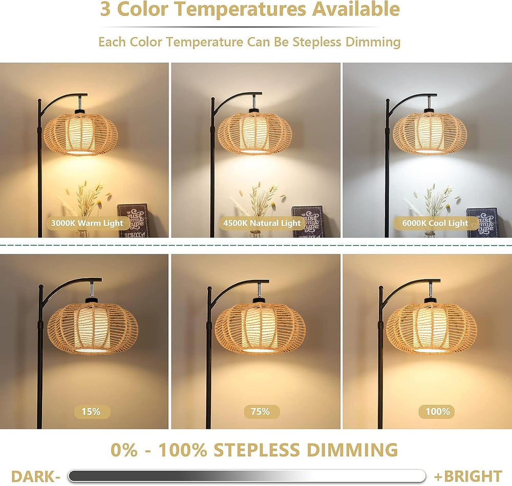 ZECOXOL Arc Floor Lamps for Living Room Bedroom Rattan Boho Floor Lamp with R...