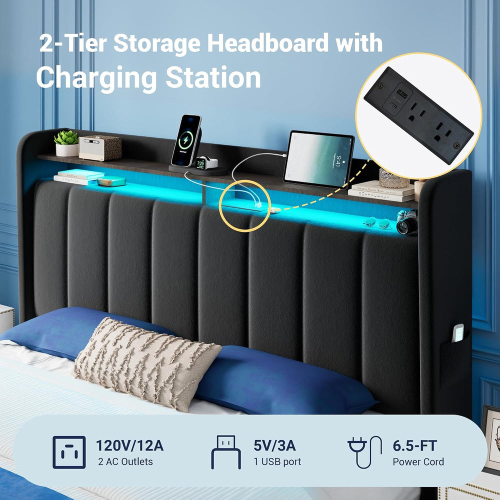 Allewie Full Size Bed Frame with 2-Tier Storage Headboard & 2 Large Drawers