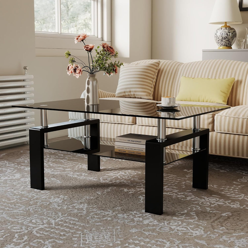 IANIYA Modern Living Room Coffee Table, Glass Center Table, Black