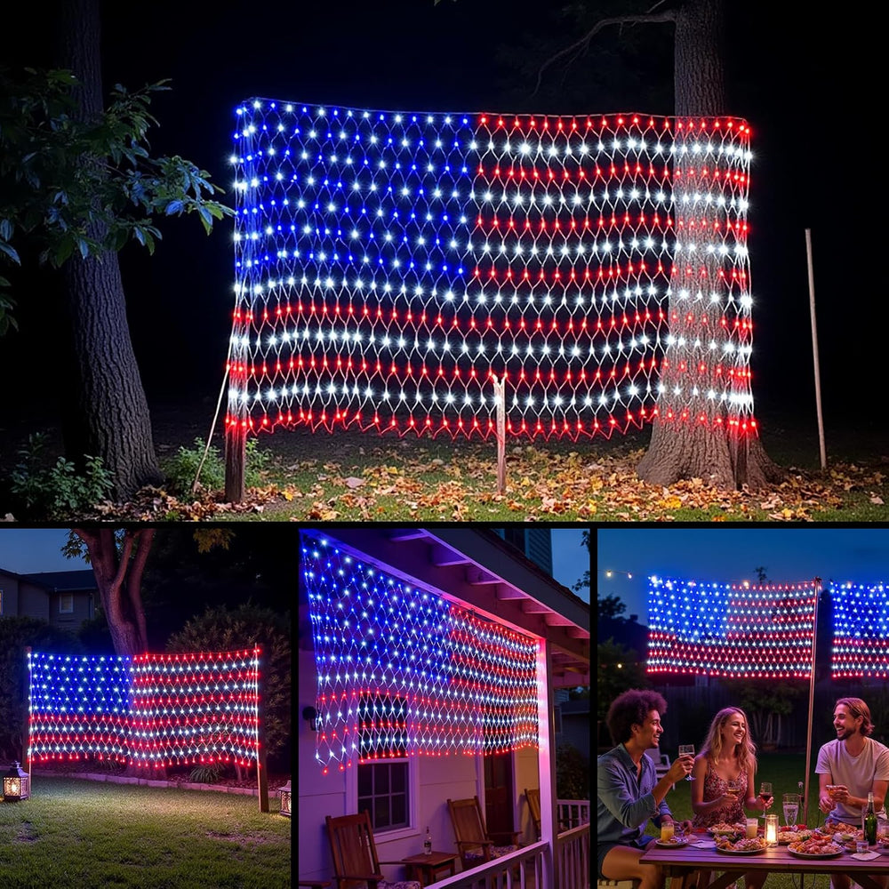 American Flag Lights Outdoor - 420 Super Bright Red White and Blue Lights, Wa...