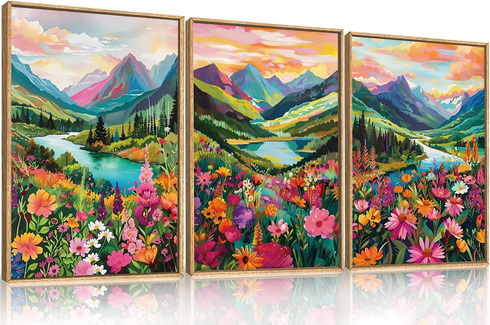 Colorful Mountain Floral Framed Canvas Wall Art Set-16"x24"x3