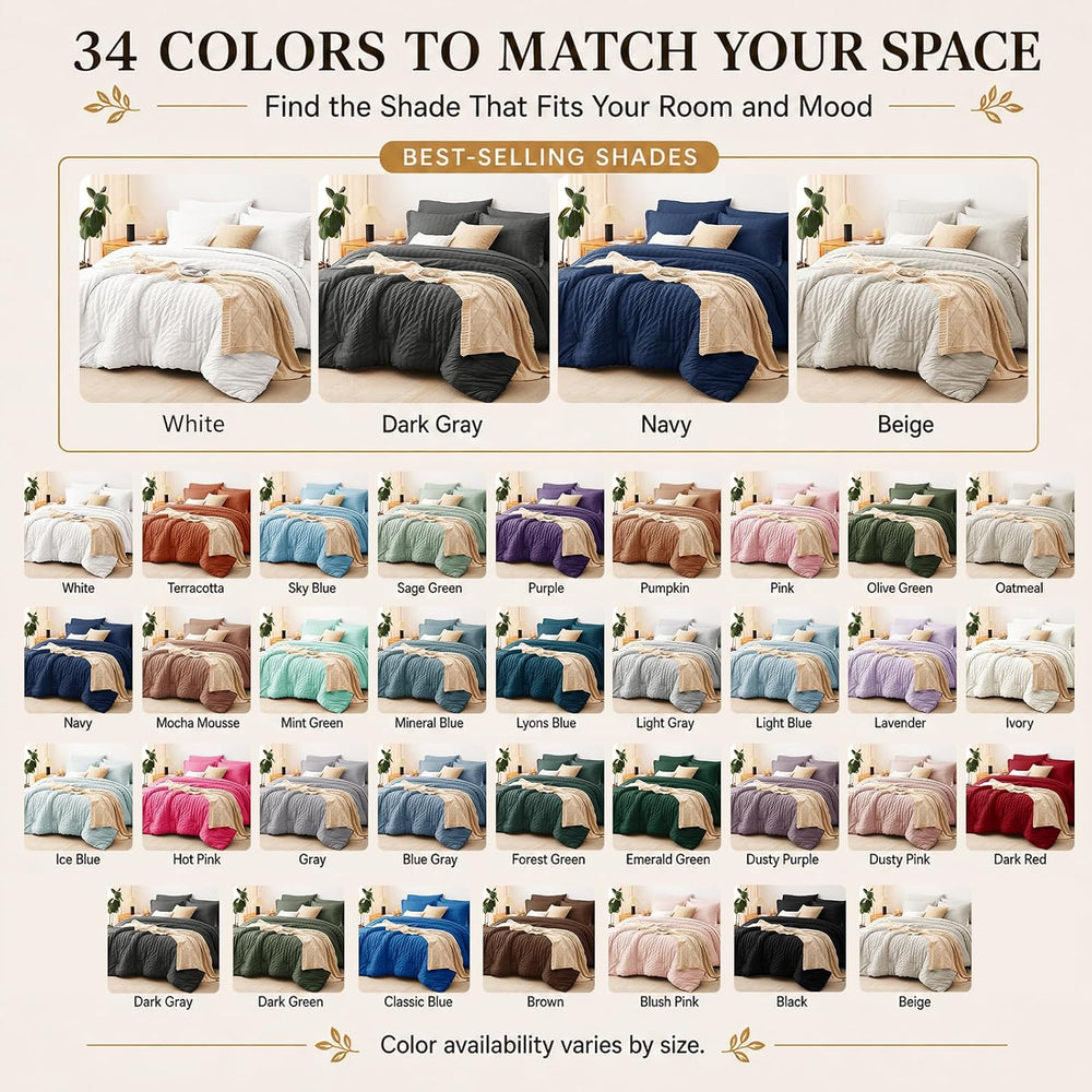 CozyLux Queen Comforter Set, 7 Pieces Ivory Seersucker Bed in a Bag