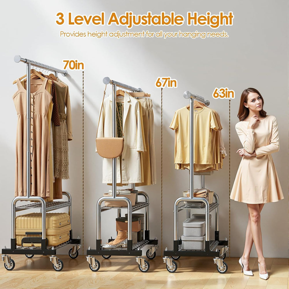 Luxspire Rolling Heavy Duty Clothes Rack with 2 Sturdy Shelves Load 600 LBS