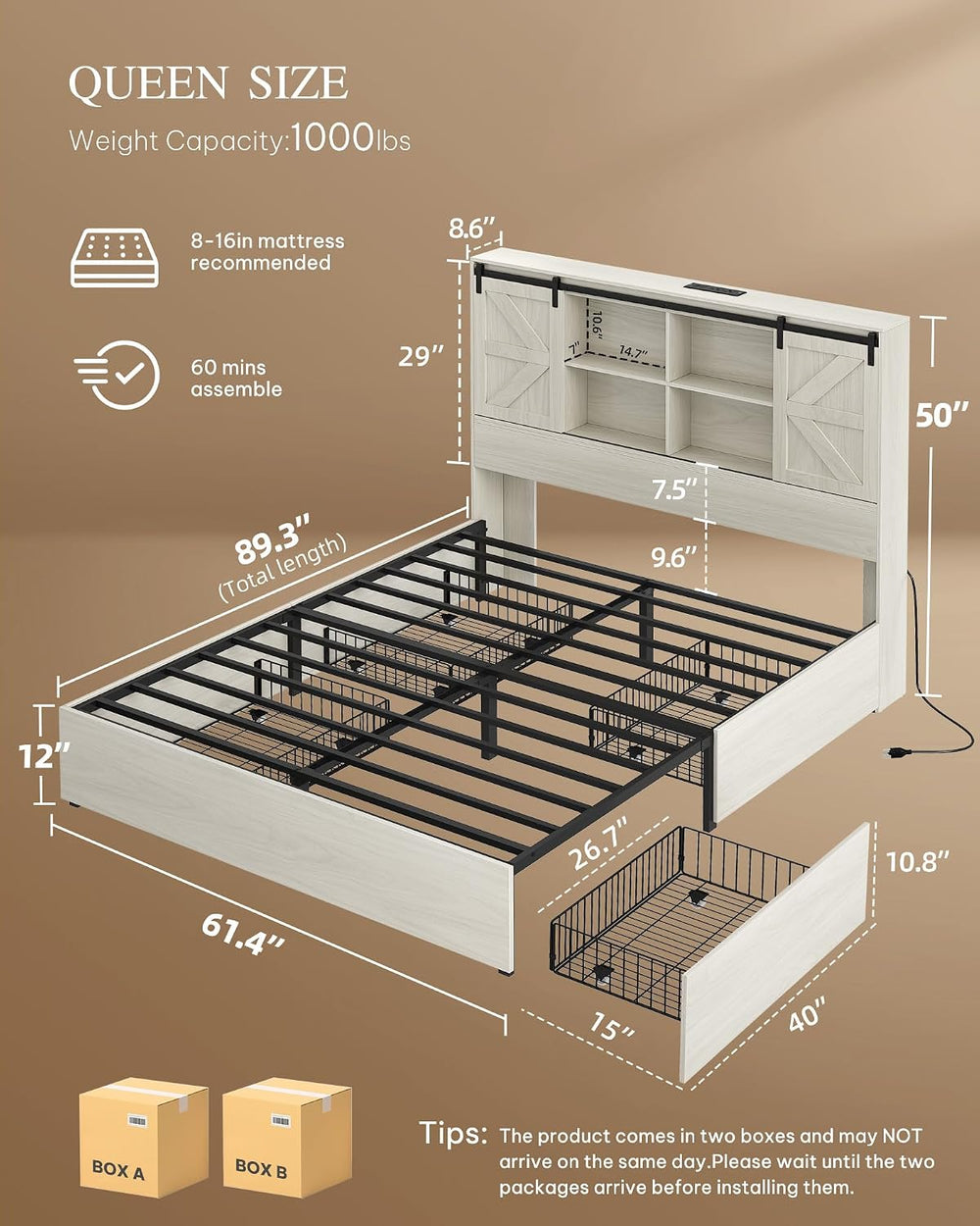 DWVO Farmhouse Queen Size Bed Frame with Storage Bookcase Headboard