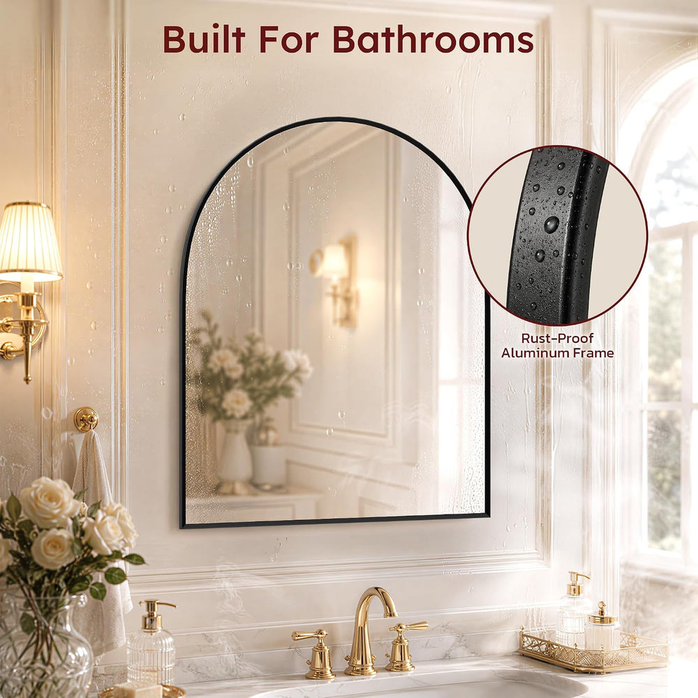20"x30" Arched Black Bathroom Mirror – Metal Framed with HD Shatter...