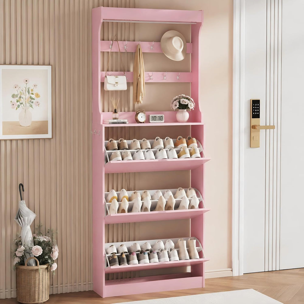 Pink Hidden Shoe Cabinet with 3 Flip Drawers & Coat Rack, Entryway