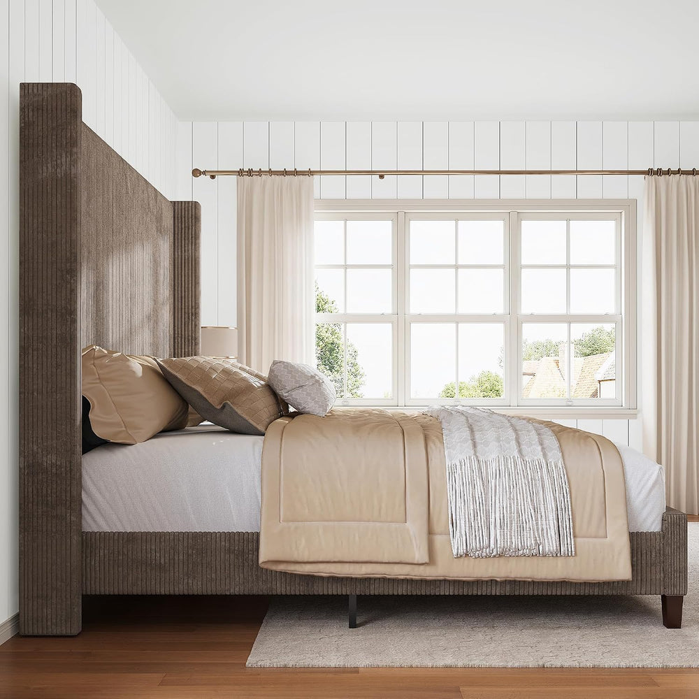 HOWE Upholstered King Size Bed Frame with 61" Wingback Headboard, Chestnut