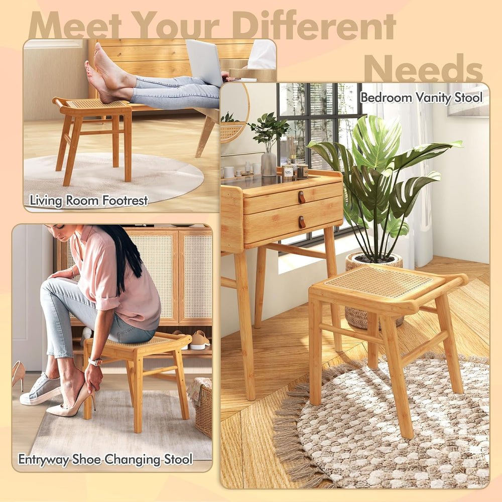 CHARMAID Vanity Stool, Bamboo Ottoman Foot Rest with Rattan Seat, Anti-Slip F...