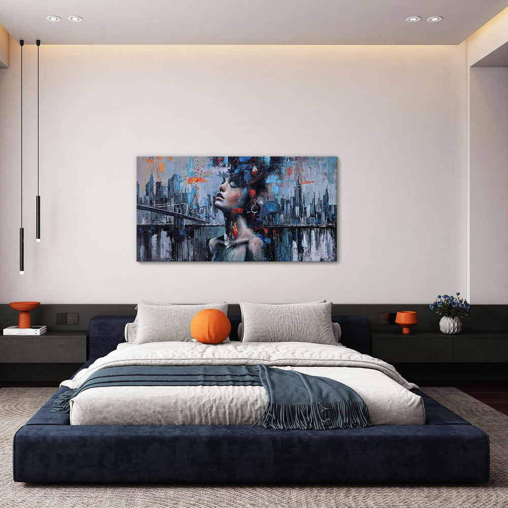 Navy Blue Abstract Wall Art Woman Picture for Living Room Modern Home Bedroom...