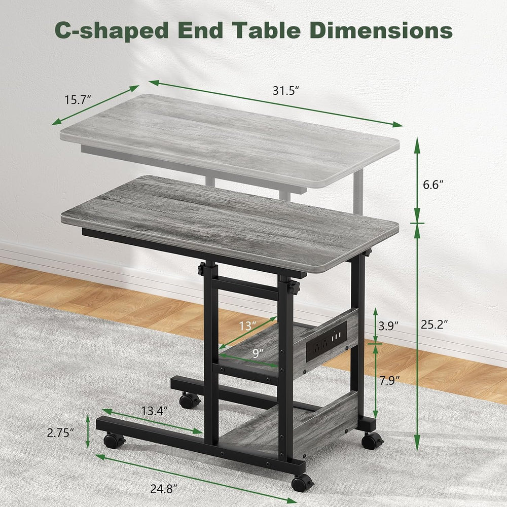 Rolling C Shaped End Table with Charging Station for Couch, Height Adjust