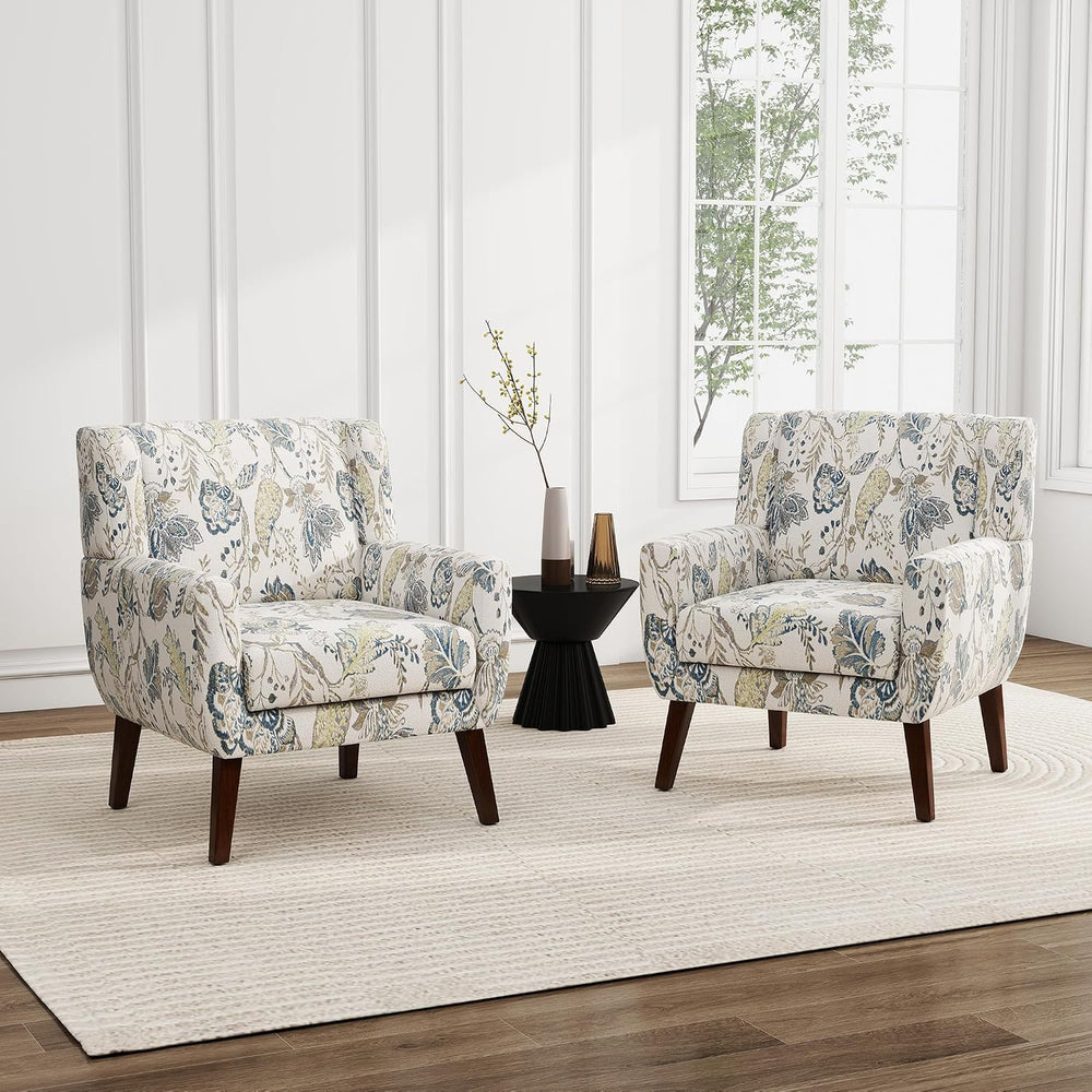 Floral Accent Chairs Set of 2, Fabric Upholstered Armchair, Leaf