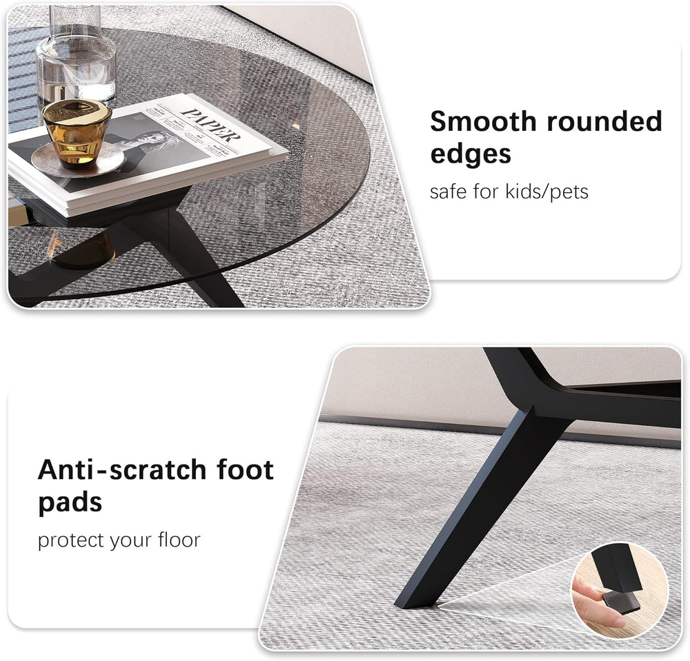 Vlsrka Round Glass Coffee Table, Soild Wood Base, 31.5" W, Black