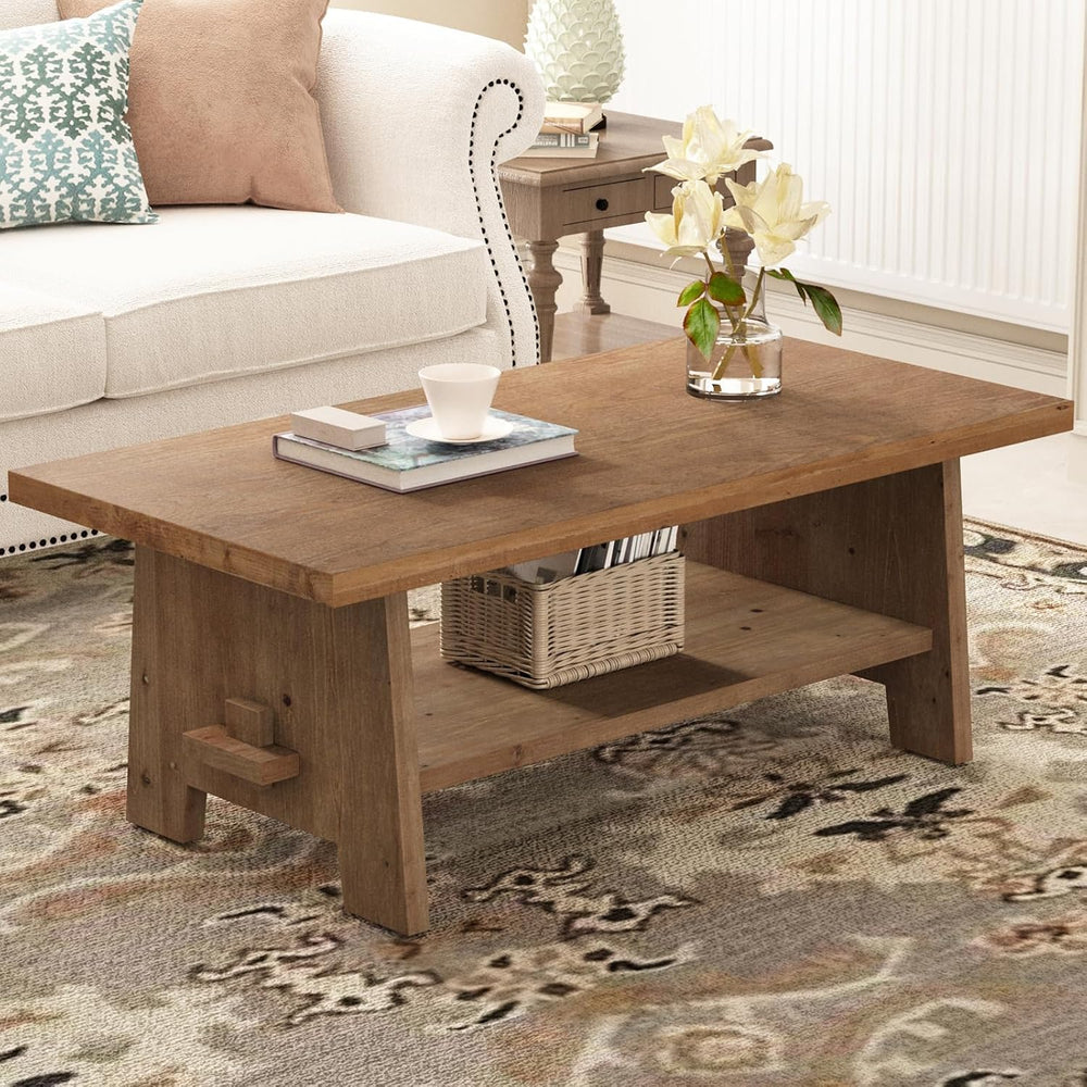 Farmhouse Wood Coffee Table, 43.4" Center Table, Solid Wood Tabletop