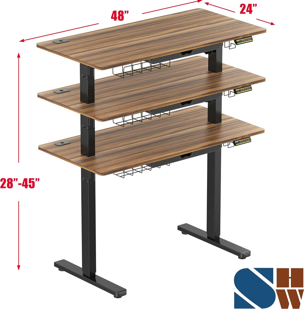 SHW 48-Inch Electric Height Adjustable Standing Desk w/ Drawer, Walnut