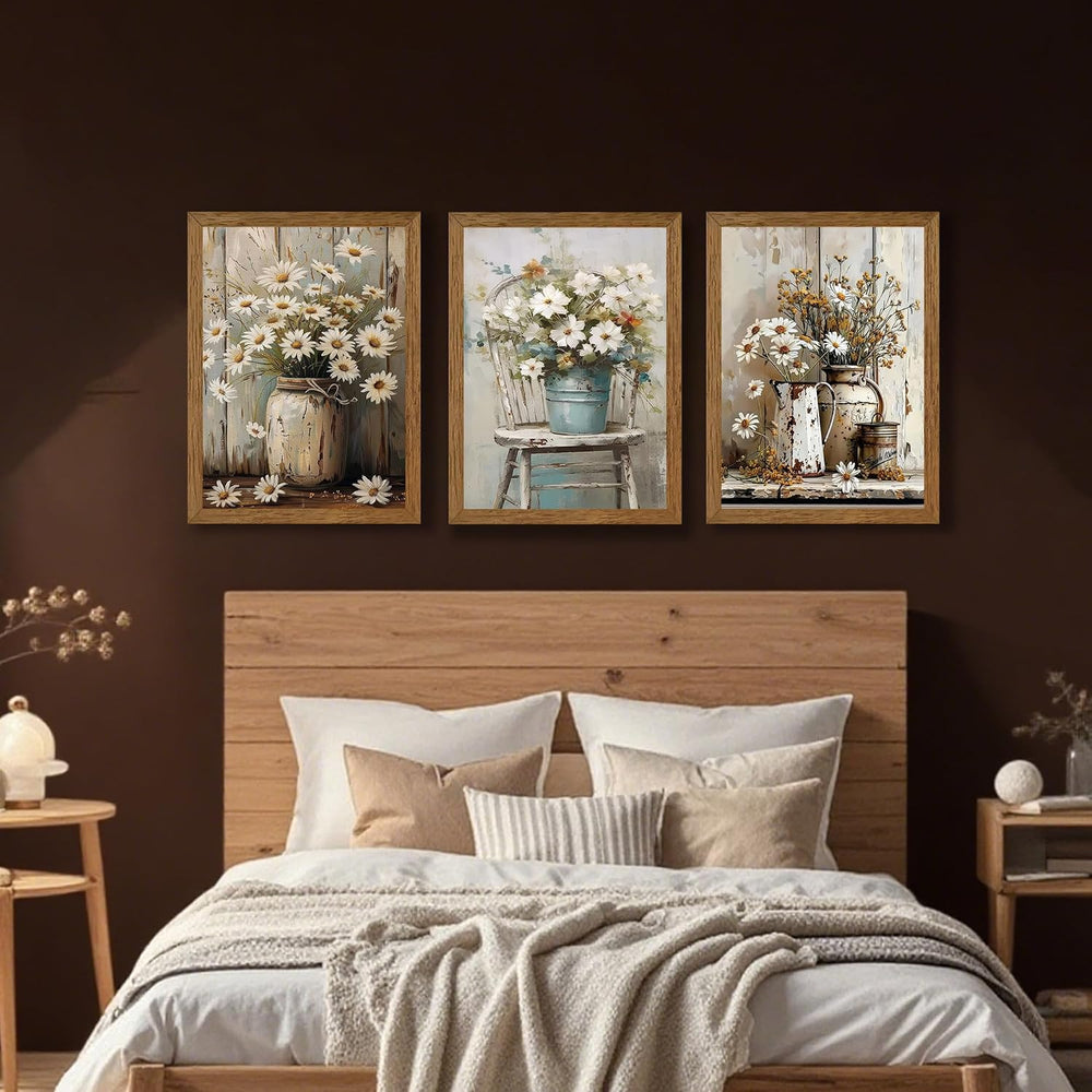 DUWQU Triptych Rustic Farmhouse Daisy Framed Canvas Wall Art 12x16 inch x3