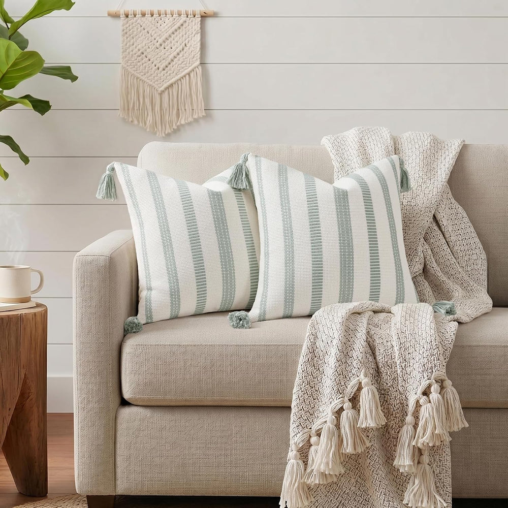 Smile Bee Outdoor Striped Pillow Covers 20x20 Set of 2 Sage Green and White