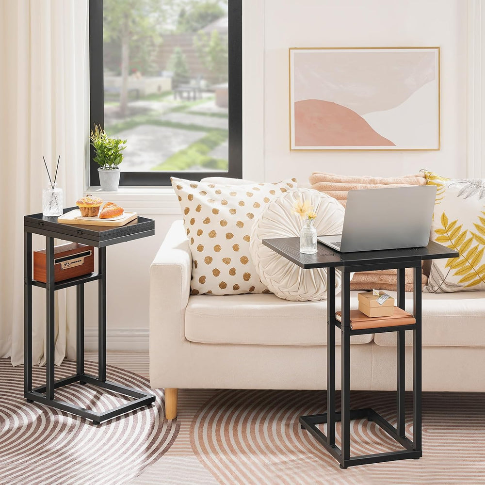 HOOBRO Foldable C Shaped End Table, C Shaped Side Table with Storage Shelf