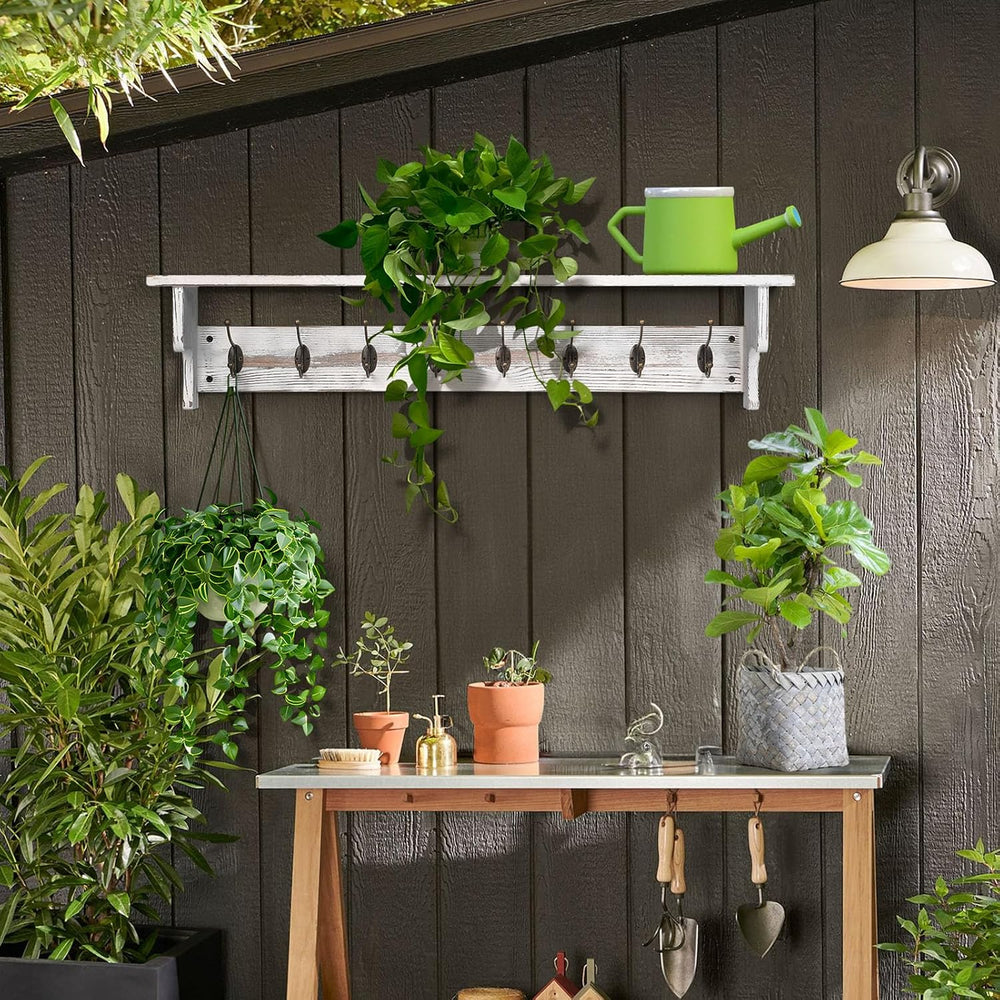 BECHAEO 35.8'' Large Wood Coat Rack Wall Mount with Shelf, White Wall...