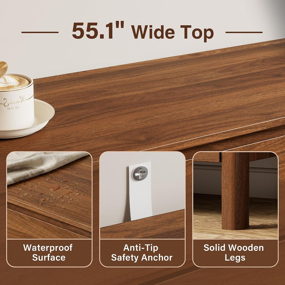 Furniway 55.1" Wide 6 Drawer Wood Dresser for Bedroom with Legs, Walnut