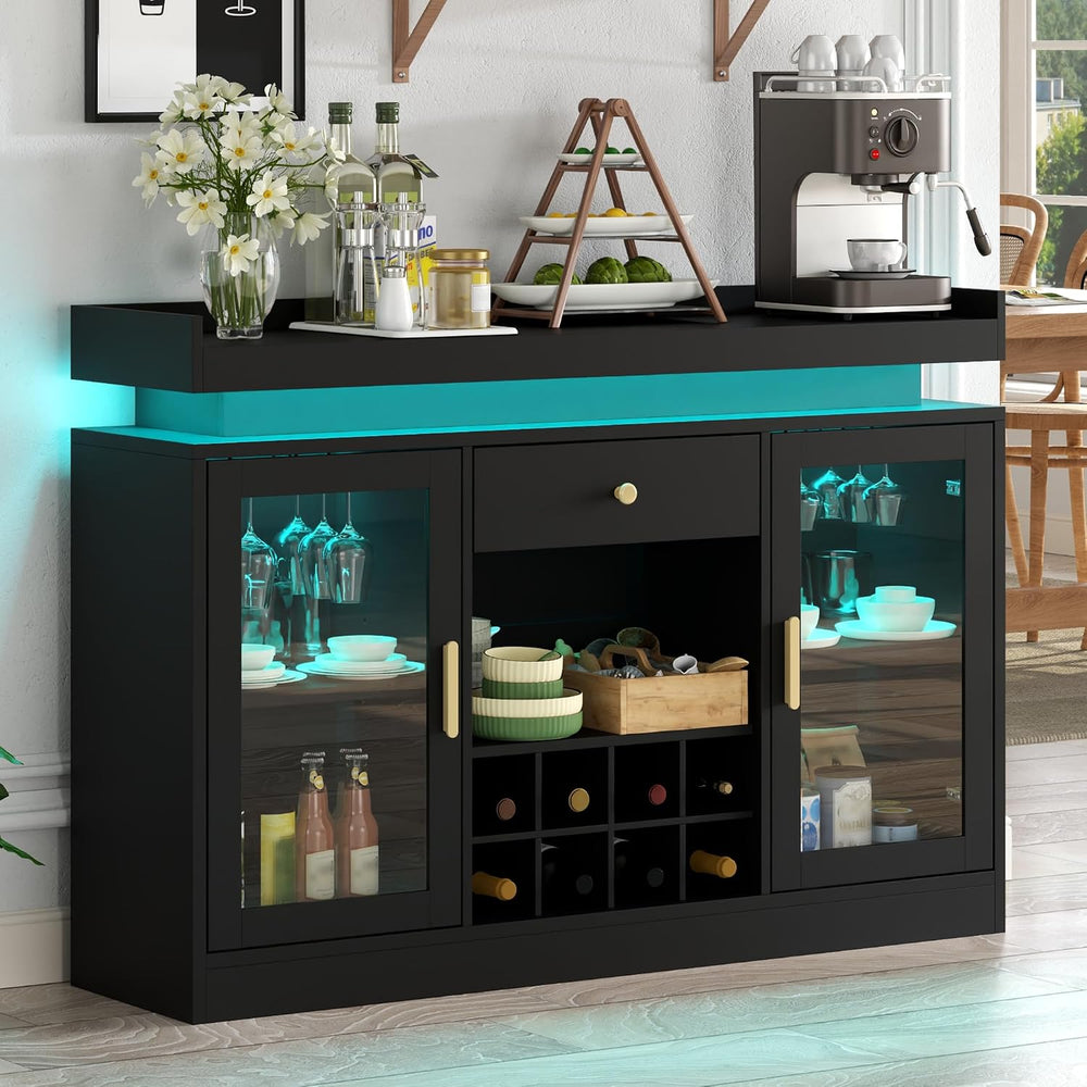 Wine Bar Cabinet with Led, Black Liquor Cabinet with Wine & Glass Rack