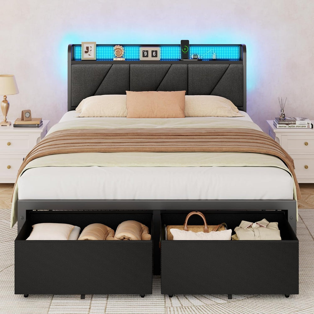 Furnulem Full Size Bed Frame with 2 Storage Drawers & Upholstered Headboard