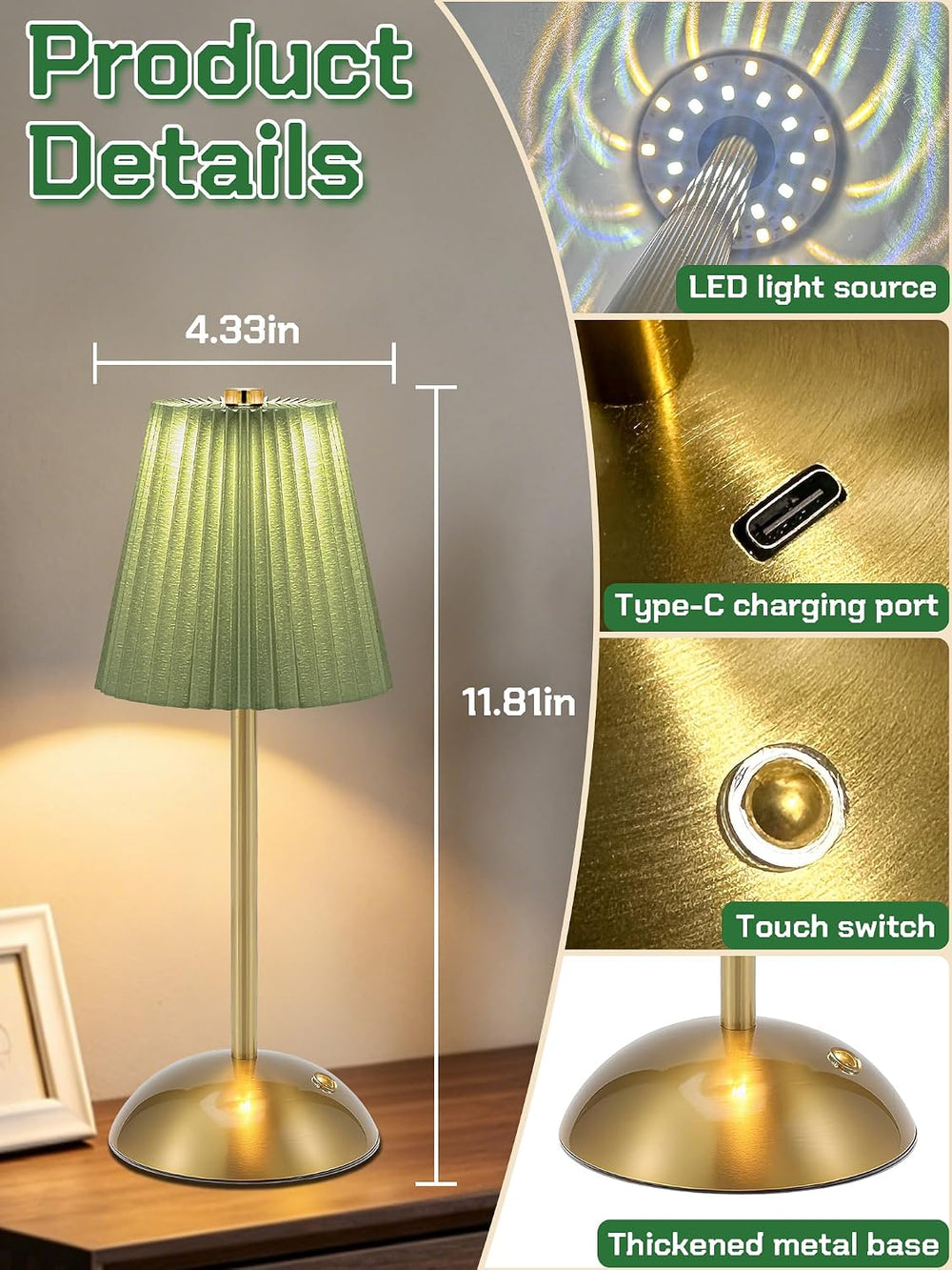 2 Pack Cordless Table Lamp, LED Desk Lamps Rechargeable Touch Light(Green)