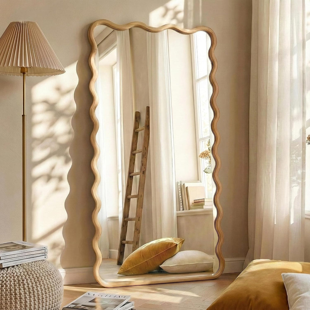 TRAHOME Wavy Wood Full Length Mirror, 55"x28" Boho Floor Mirror for...