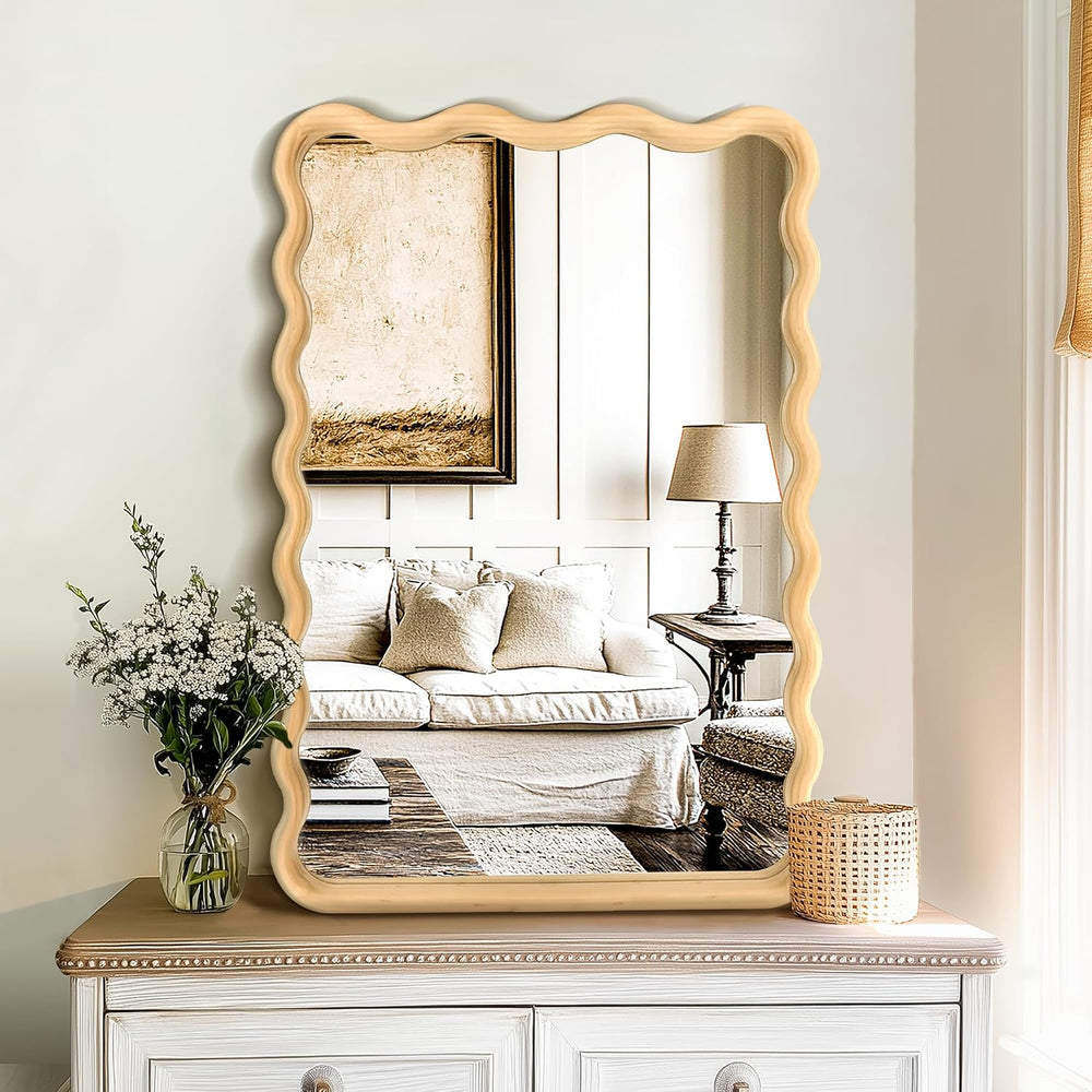 Wavy Wood Bathroom Vanity Mirror, 20"x30" Boho Decorative Wall Mirror