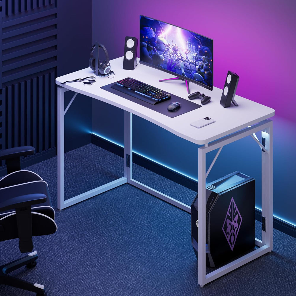JOYMOOP 40" White Folding Desk, No Assembly, Wooden Top, Middle Size