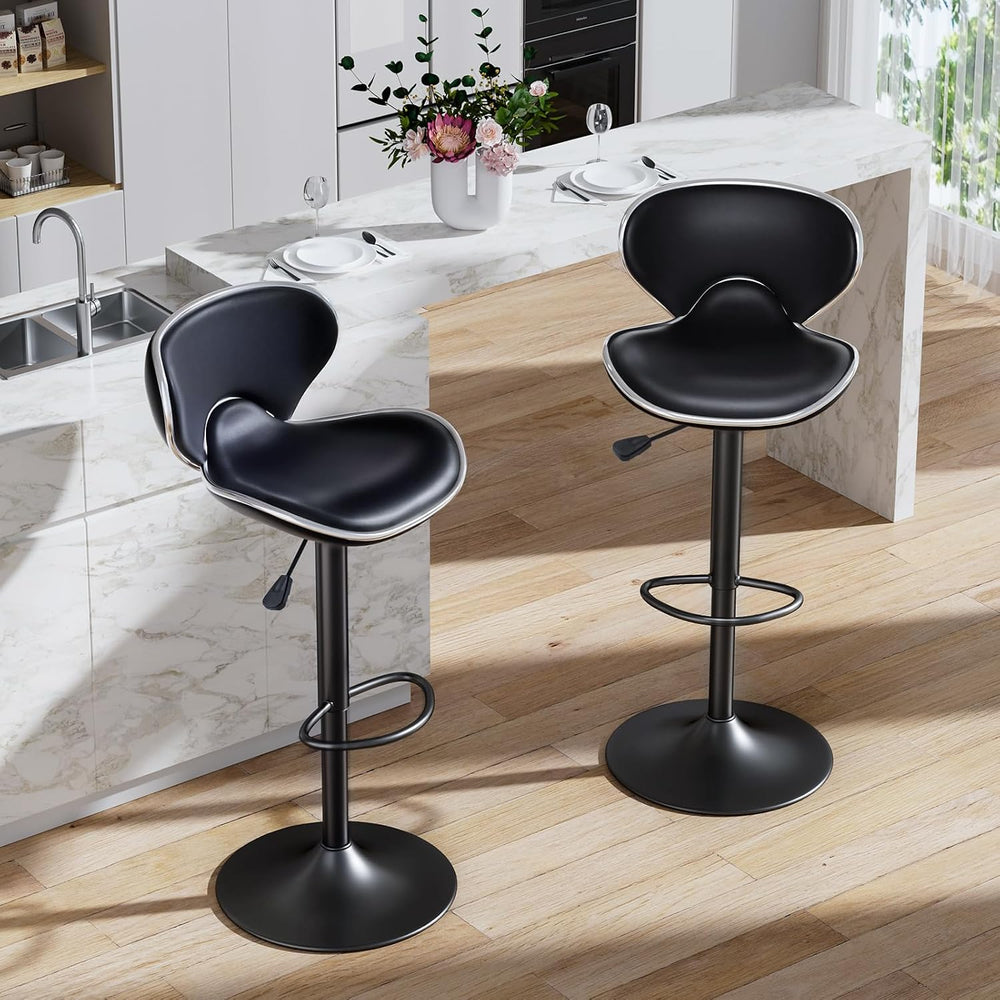 Bar Stools Set of 2 Adjustable Swivel PU Leather Black, Matte Black Base