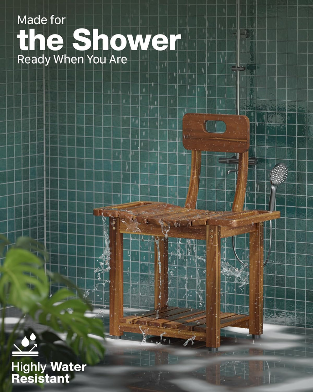 BLUEWEST 23.4 Inch Shower Chair with Backrest, 450 lb Capacity, Acacia Wood