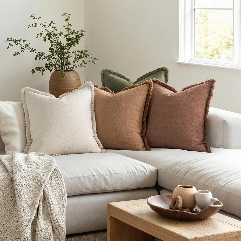 MIULEE Fall Linen Fringe Pillow Covers Set of 4 18x18 Beige/Brown/Green