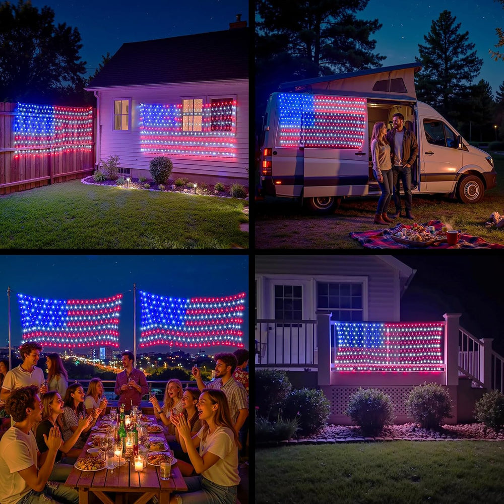 American Flag Lights Outdoor - 420 Super Bright Red White and Blue Lights, Wa...