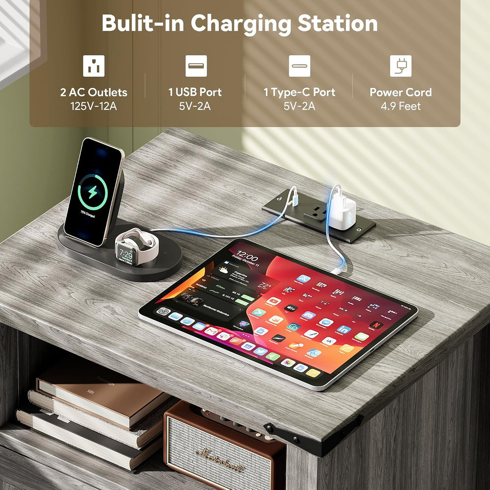 Decofy Farmhouse Nightstand Set of 2 with Charging Station, 2 Drawers