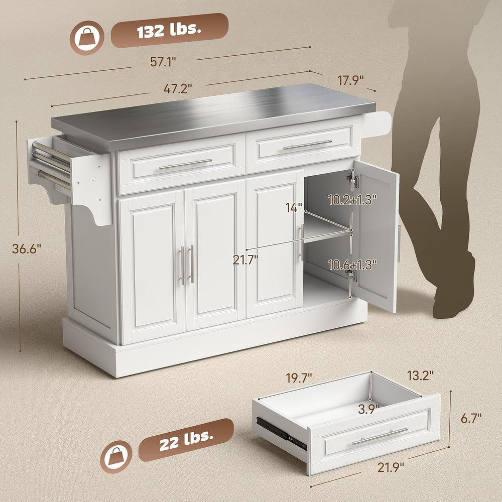 HOMCOM Rolling Kitchen Island Cart with 47" Stainless Steel Top White