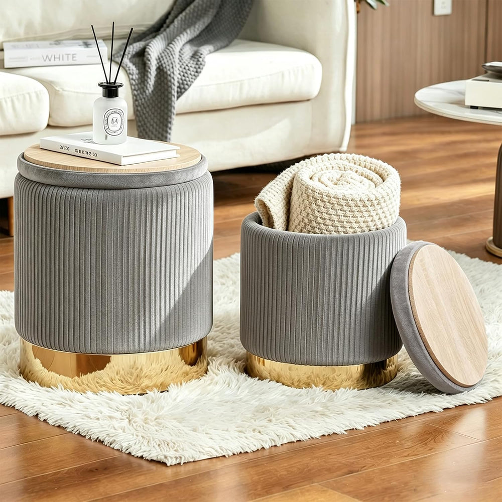 Round Ottoman with Storage Set of 2 Light Gray Velvet Vanity Stool