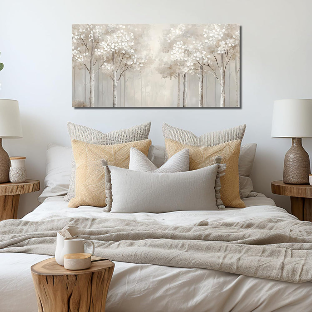 ANCXWOTER Large Forest Wall Art for Living Room Light Grayish-White Misty Bir...
