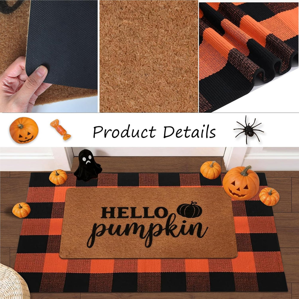 2 Pack Fall Halloween Door Mat Set, Pumpkin Coir & Plaid for Thanksgiving
